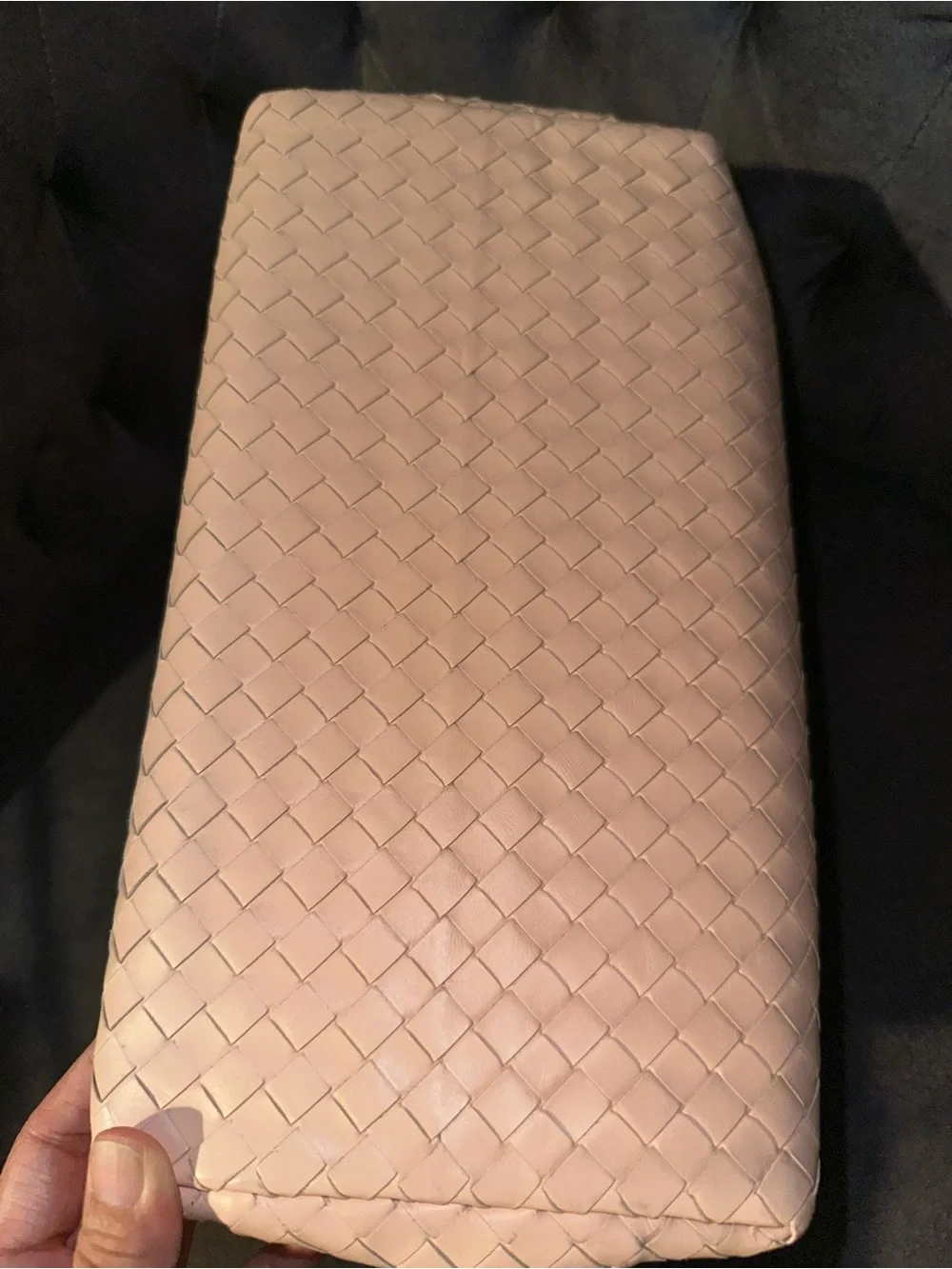 Authentic Bottega Veneta Roma Woven Leather Satchel Handbag in blush pink